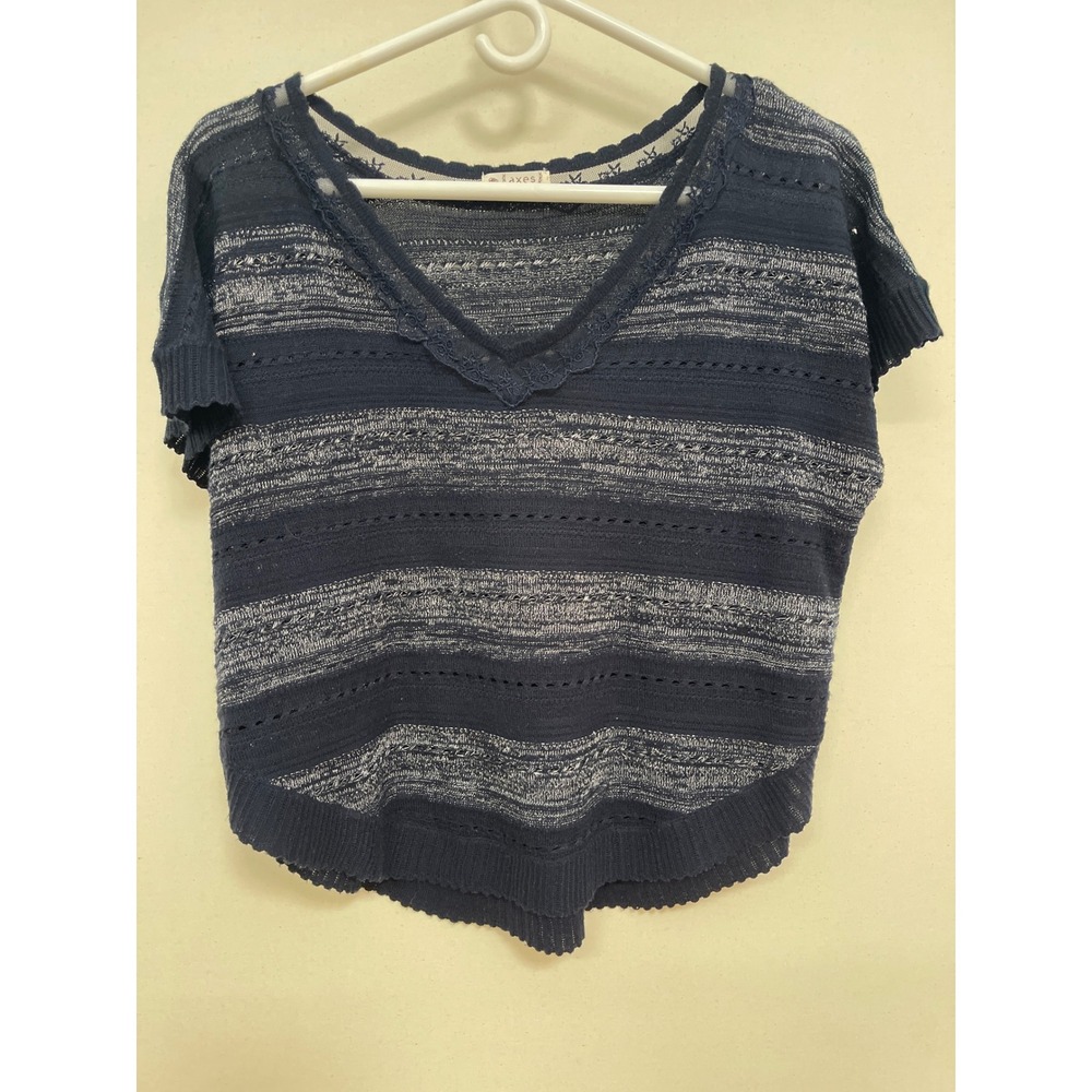 Axes Femme Navy Blue Silver Metallic Striped Lace V-Neck Knit Top Sweater
